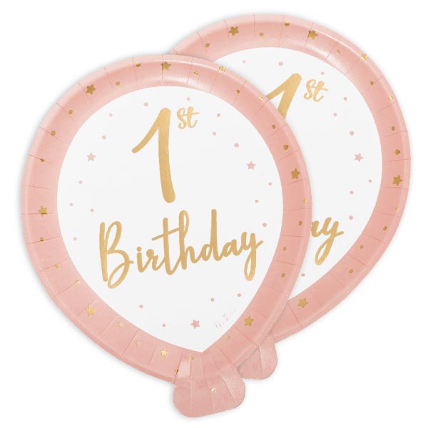 Basicset in rosa zum 1. Geburtstag mit Ballon-Tellern, 42-teilig