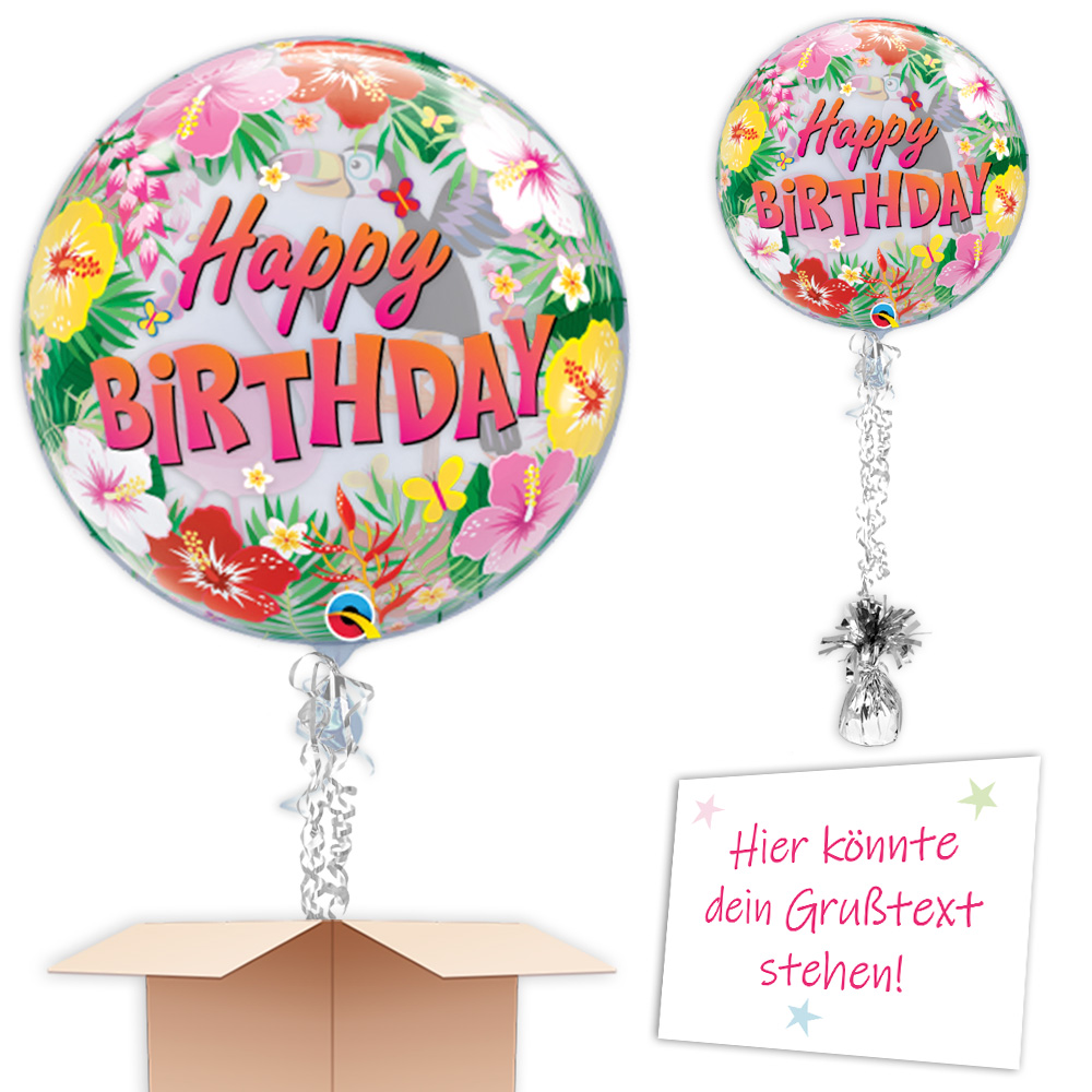 "Happy Birthday" XXL Bubble Ballon mit tropischem Motiv Ø 56cm