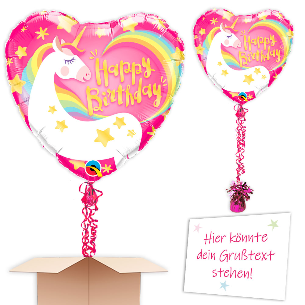Ballongruß mit rosa Einhorn zum Geburtstag,Herz 38 x 39cm