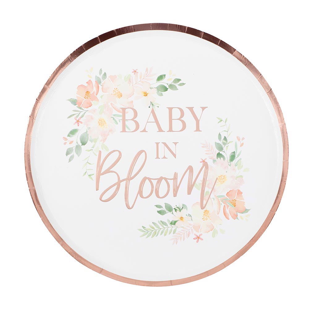 Pappteller, Baby in Bloom, mit Verzierung in rosegold, 8 Stück, Ø 24,5cm