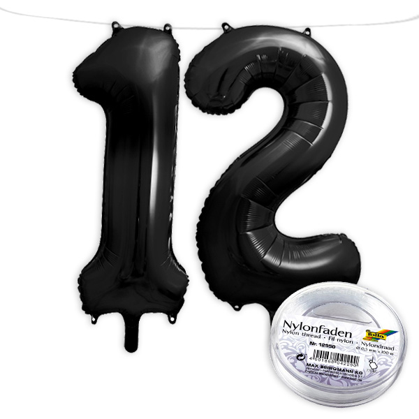 12. Geburtstag, XXL Zahlenballon Set 1 & 2 in schwarz, 86cm hoch