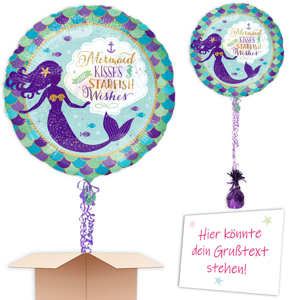 Meerjungfrau Heliumballon mit Schmuckband, Gewicht, Karte, Geschenk