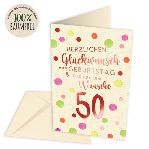 Geburtstagskarte zum 50. Geburtstag aus Zuckerrohrpapier, inkl. Umschlag