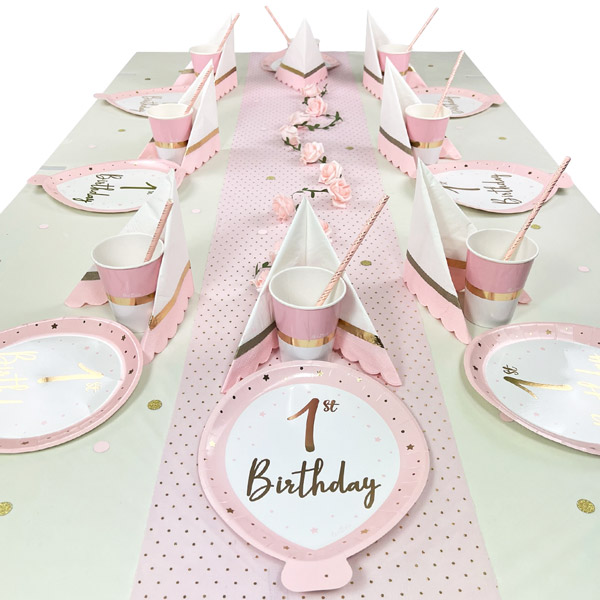 1. Geburtstag Tischdeko Set bis 16 Gäste - Rosa Ballon