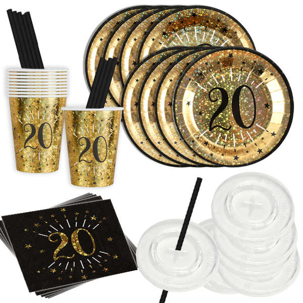 Basicset zum 20. Geburtstag in schwarz-gold glitzernd, 52-teilig für 10 Gäste