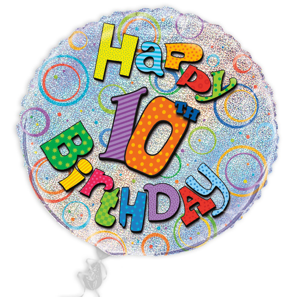Happy 10th Birthday Geschenkballon, prismatisch glitzernd, Ø 35cm