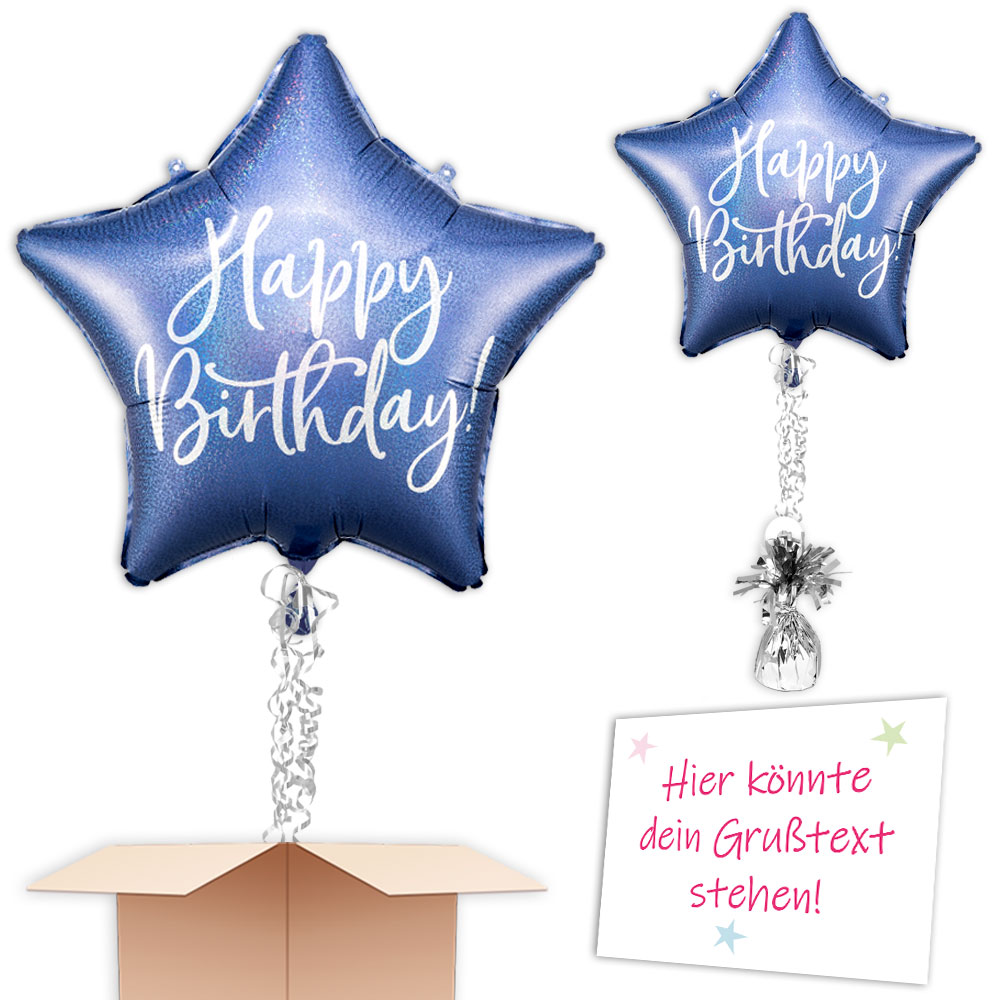 "Happy Birthday" Blauer Stern mit Schmuckband und Helium