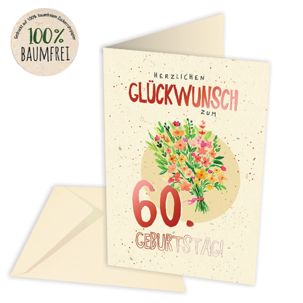 Geburtstagskarte zum 60. Geburtstag aus Zuckerrohrpapier, inkl. Umschlag