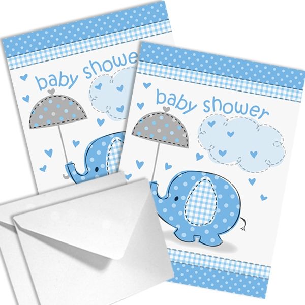 Baby Elefant Einladungen blau, 8 Stück mit Aufdruck BABY SHOWER