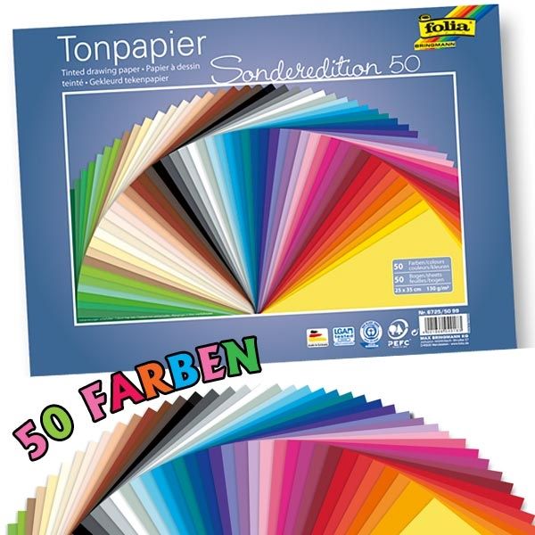Tonpapier 50 Blatt, 50 Farben, 25x35cm