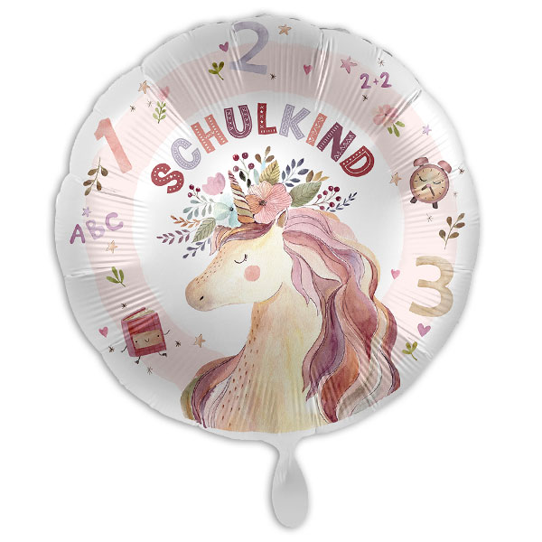 "Schulkind", Folienballon zum Schulanfang rund mit Einhorn-Motiv, Ø 34cm