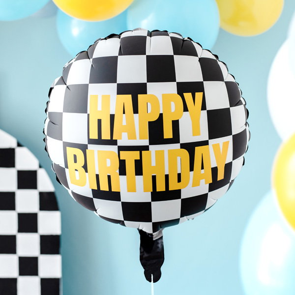 Happy Birthday Folienballon mit Zielflaggen-Muster, Ø 35cm