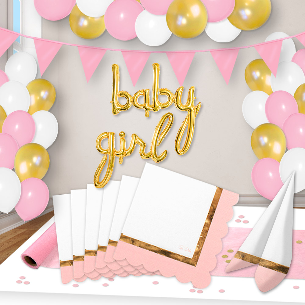  Baby Girl Raum- u. Tischdekoset bis 16 Gäste, Rosa mit Goldband 50-teilig