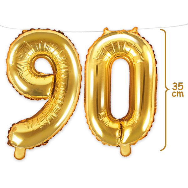 90. Geburtstag, Zahlenballon Set 9 & 0 in gold, 35cm hoch
