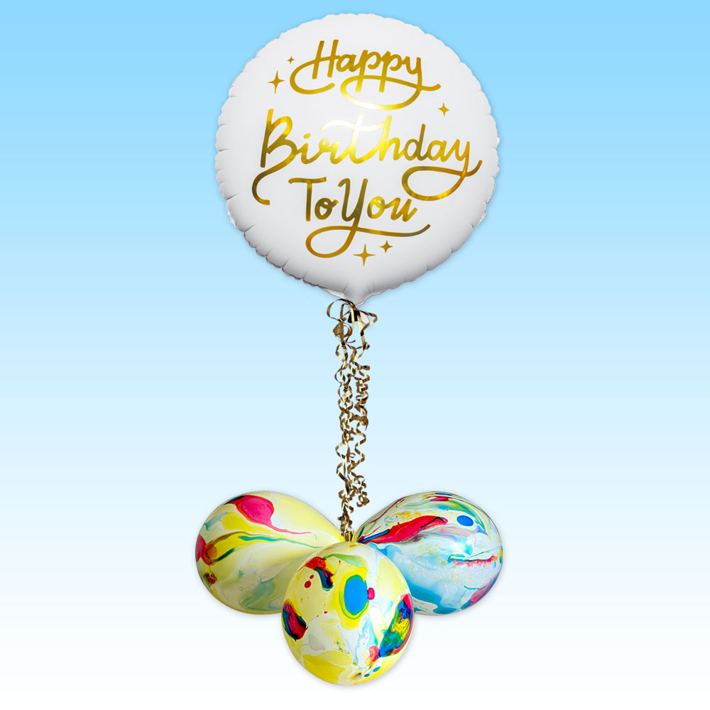 Ballongruß "Happy Birthday to You" in weiß-gold, Folienballon im Karton
