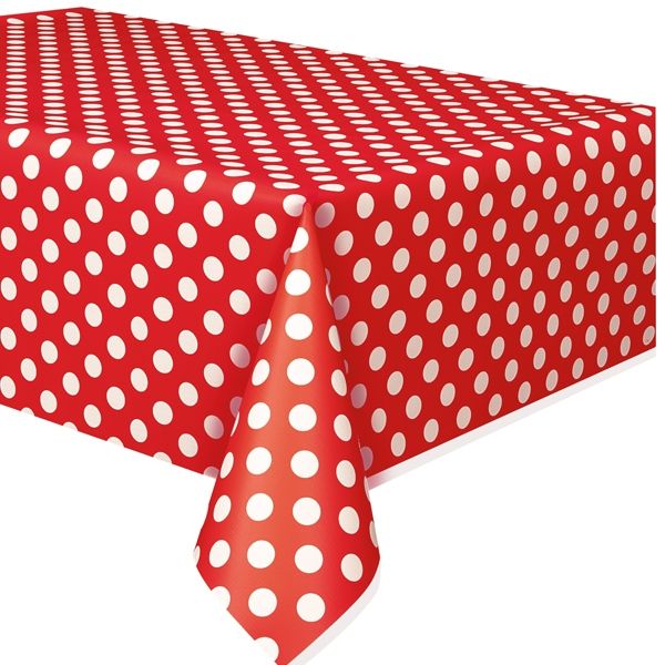 Tischdecke in Rot mit weißen Punkten aus Folie, ca. 2,8 × 1,4m