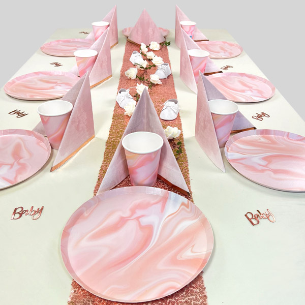 Babyparty Tisch Deko Set Mädchen bis 16 Gäste, zartrosa marmoriert