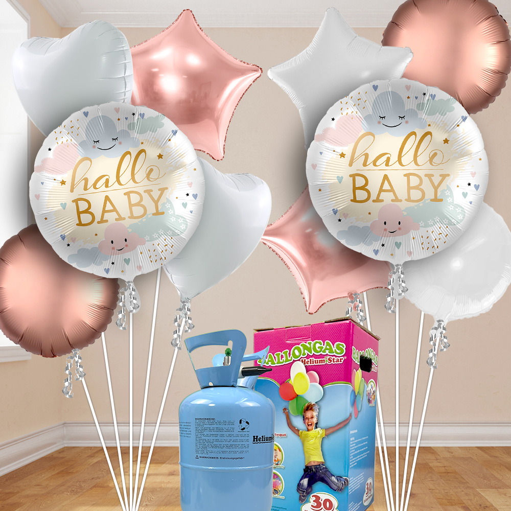 Babyparty Heliumballon Set roségold-weiß mit 10 Folienballons inkl. Heliumgas