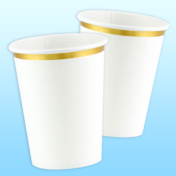 6 weiße Partybecher mit Goldrand, 260ml