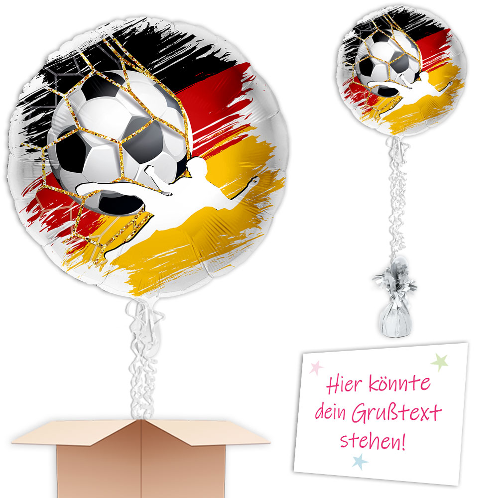 Gefüllter Fußballballon zum Verschenken u. Verschicken mit Band, Karte