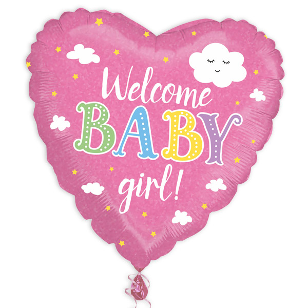 Folienballon in Herzform, Welcome Baby Girl, 38cm x 39cm