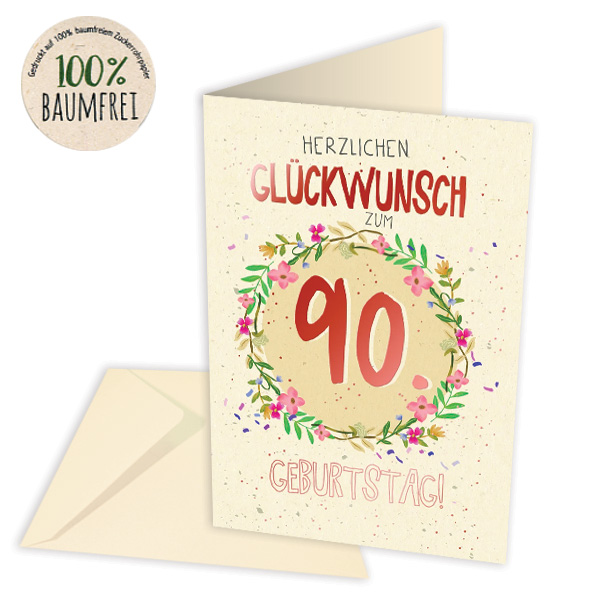 Geburtstagskarte zum 90. Geburtstag aus Zuckerrohrpapier, inkl. Umschlag