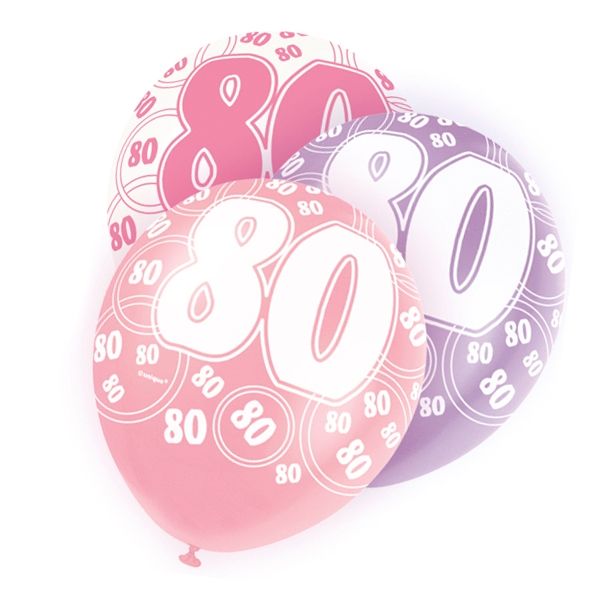 Latexballons mit 80 + Happy Birthday, lila/pink/weiß, 30cm