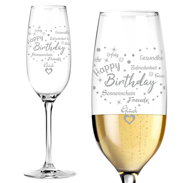 Personalisiertes graviertes Sektglas - Happy Birthday mit positiven Worten in Herzform 
