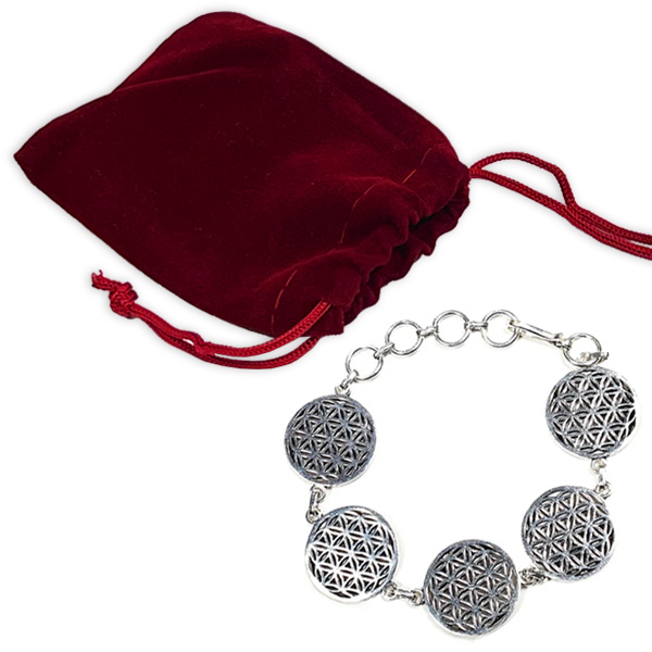 Metall-Armband mit Blume des Lebens in silber + Samt-Geschenktasche