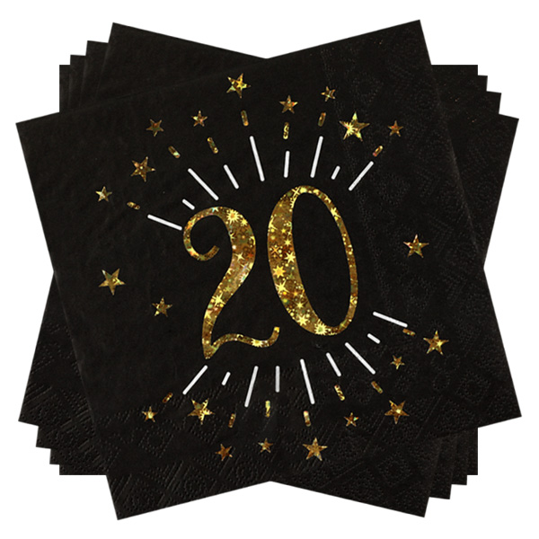 Basicset zum 20. Geburtstag in schwarz-gold glitzernd, 31-teilig für 10 Gäste