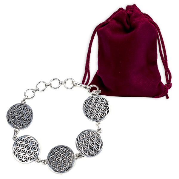 Metall-Armband mit Blume des Lebens in silber + Samt-Geschenktasche