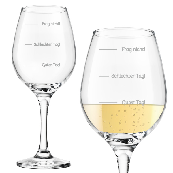 Graviertes Weinglas, "Guter Tag-Schlechter Tag" mit Füllstandsanzeige