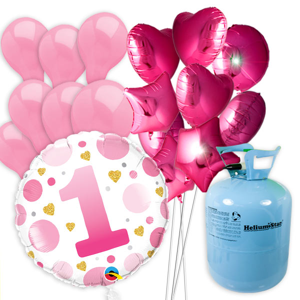 1. Geburtstag Girl Ballongas-Set, mit 50er  Helium-Ballongas, Folie- u. Luftballons