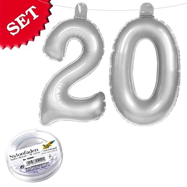 Infletter-Set Zahl 20 in Silber, aufblasbare Deko 20. Geburtstag
