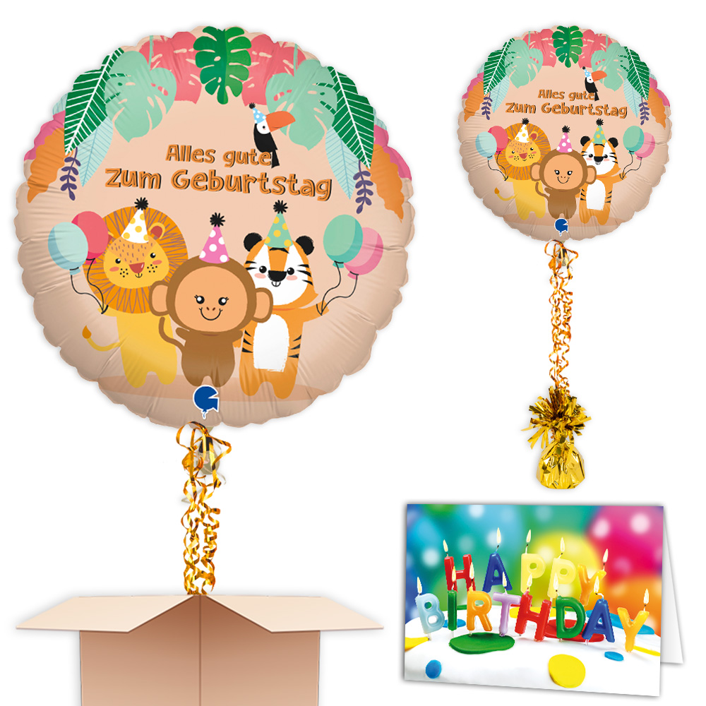 Ballongruß Dschungeltiere, Alles Gute zum Geburtstag, Überraschung im Karton