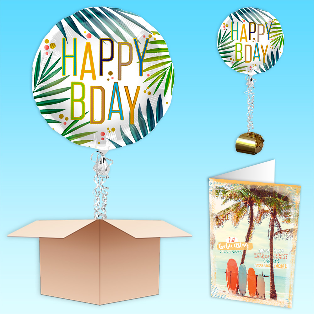 Ballongruß "Happy Birthday Palmen", Folienballon im Karton