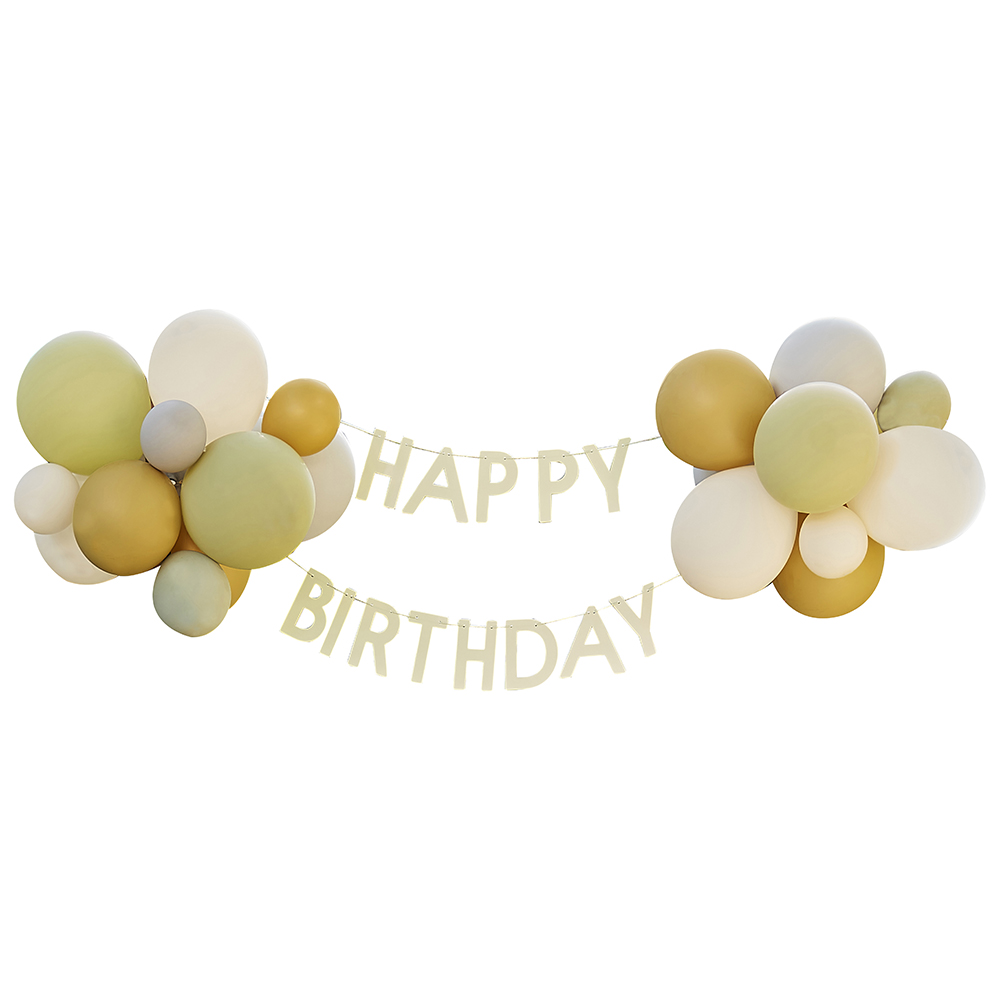 Happy Birthday Wimpelkette mit Ballons in grün, grau, gold und sandfarben