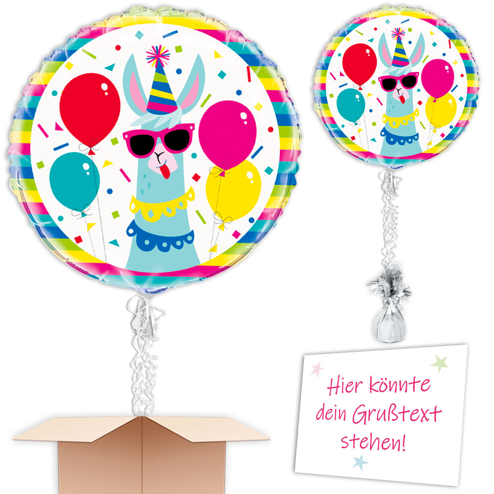 Inkl. Helium, Bänder, Ballongewicht  "Lama", Folienballon im Karton