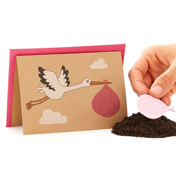 Saatpapier-Grußkarte "Klapperstorch" in rosa mit Saatstecker und Umschlag