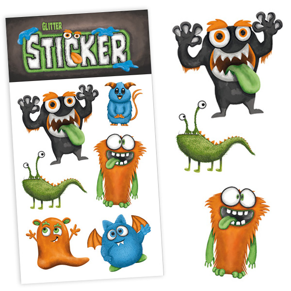 Glitzersticker Monster, coole Kinder-Sticker als Mitgebsel, 1 Karte