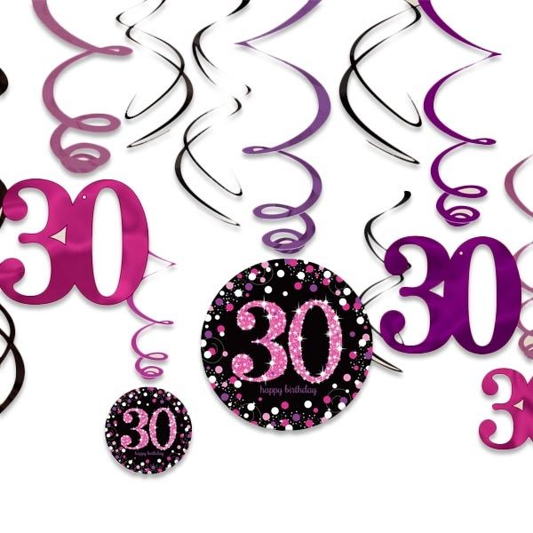 Spiralen 30. Geburtstag pink-schwarz 12er, 60cm