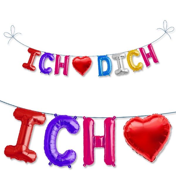 Mini Folieballonset Ich+Herz+Dich, Deko für Valentinstag/Hochzeit, 2m