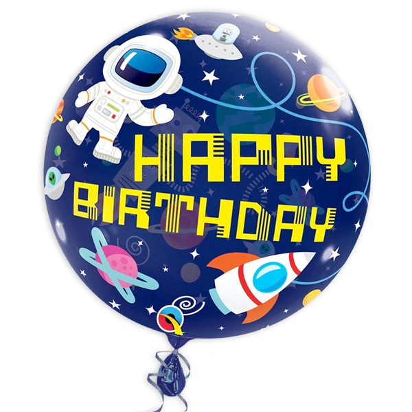 Termin u. Wunschadresse, Ballongruß "Happy Birthday Astronaut", XXL Bubble-Ballon Ø 56cm