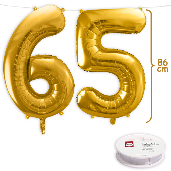 65. Geburtstag, XXL Zahlenballon Set 6 & 5 in gold, 86cm hoch