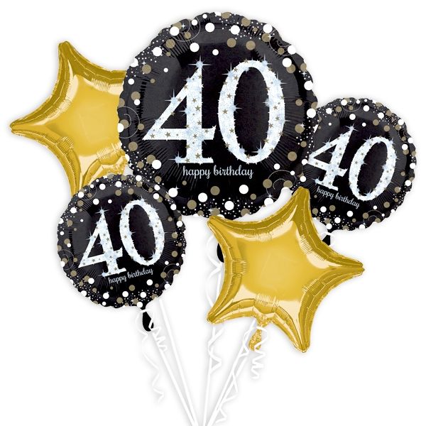 Folienballon-Set 40. Happy Birthday, gold/schwarz 5 Stk, verpackt