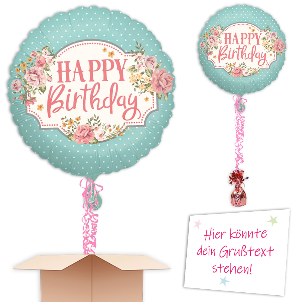 Ballonversand inkl. Helium, Bänder, Gewicht Vintage "Happy Birthday"