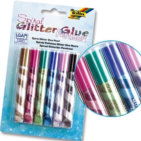 Glitter-Glue Spiralen Perlmutt, 6er Pack, mit eingedrehten Farben, Bastel-Idee, Glitzerstifte für Kinder