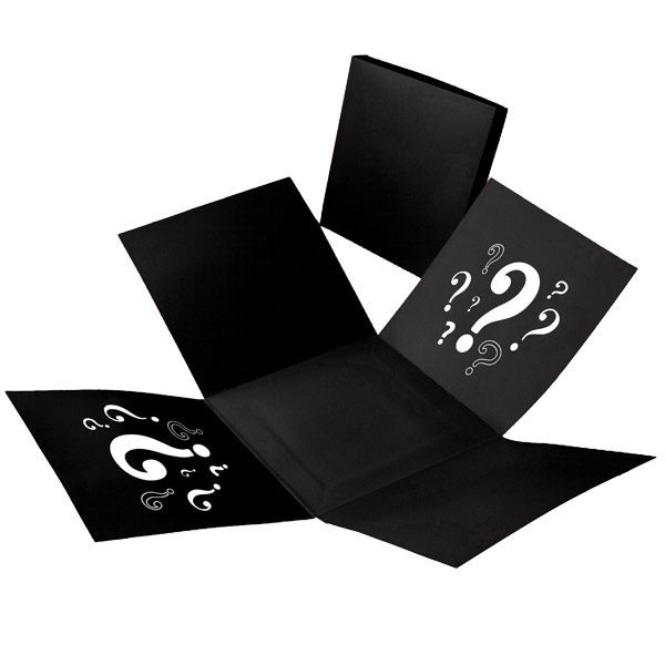 Überraschungs-Faltschachtel in schwarz mit Fragezeichen, 50cm