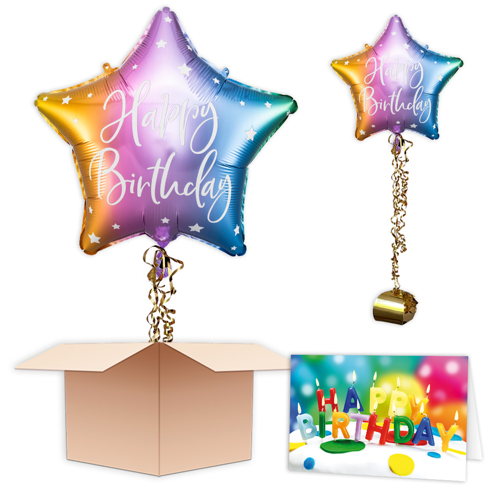 Ballongruß "Happy Birthday Bunter Stern", Folienballon im Karton