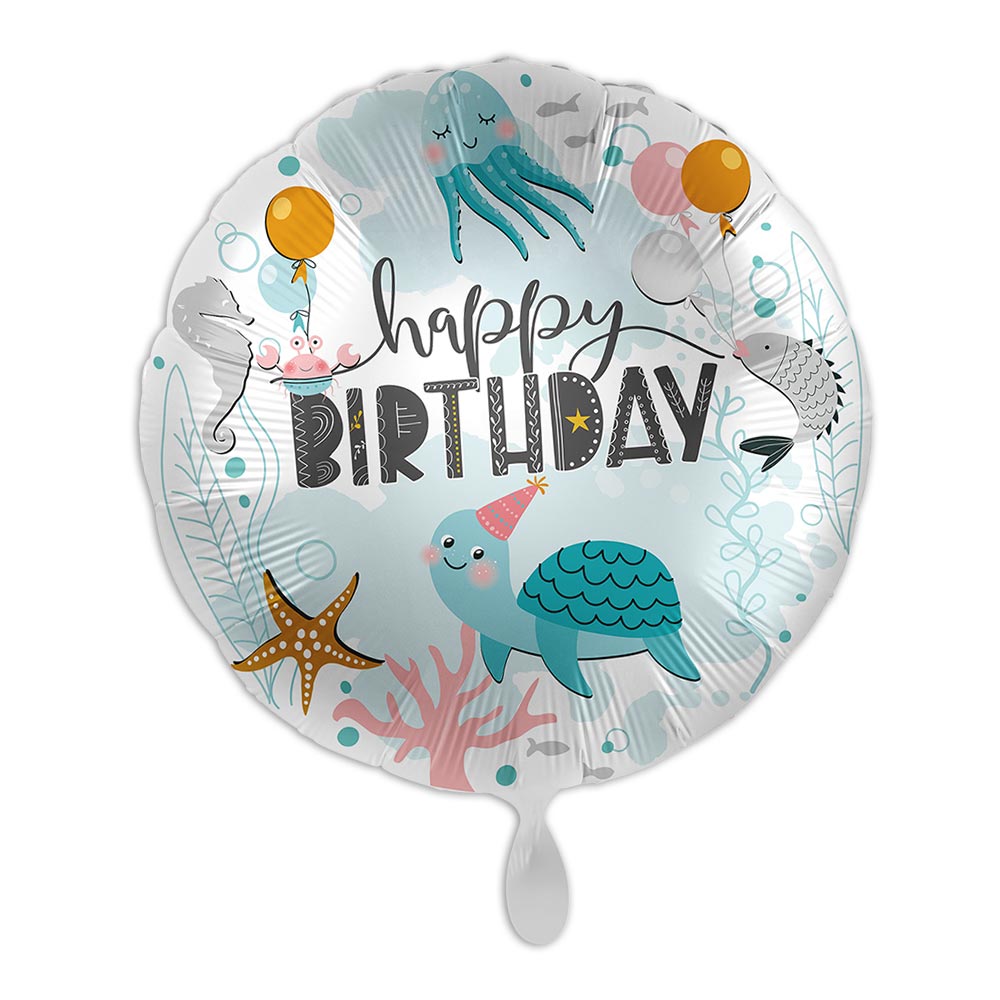 "Happy Birthday", Unterwasserwelt, Folienballon rund Ø 34 cm